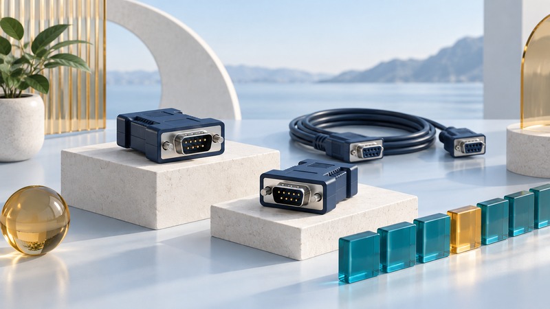 Two navy serial adapters and a coiled cable sit beside a line of teal data tiles with an amber marker.