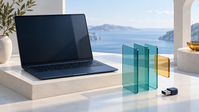 A navy laptop and wireless adapter stand beside three translucent teal panels and an amber inspection tile.