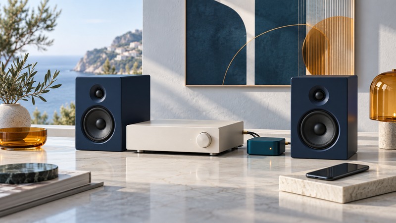 Two navy bookshelf speakers flank an ivory amplifier, with a teal receiver and a blank-screen phone nearby.