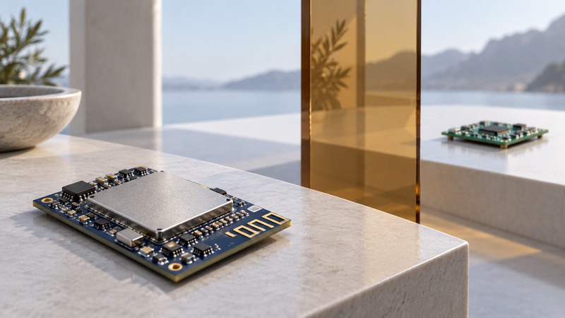 A navy radio board with metal shield and printed antenna faces a distant receiver across amber glass.