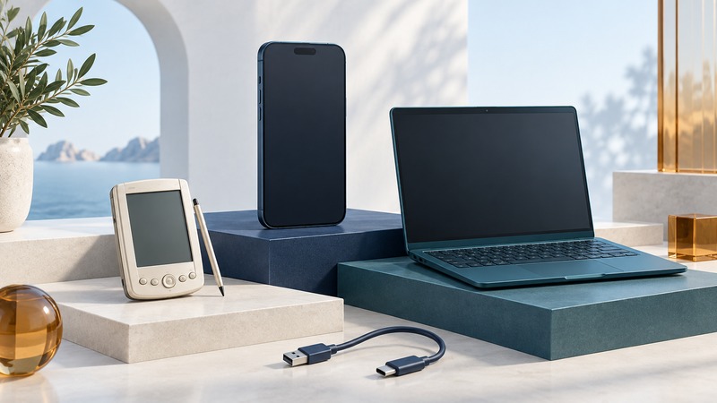 An ivory PDA and stylus sit beside a modern phone, small laptop, and loose USB cable.
