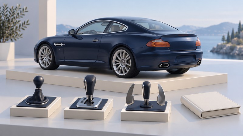 A navy coupe model stands behind three transmission-control exhibits and an ivory service book.