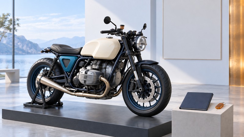 An unbranded boxer roadster motorcycle on a stand beside a service folder.