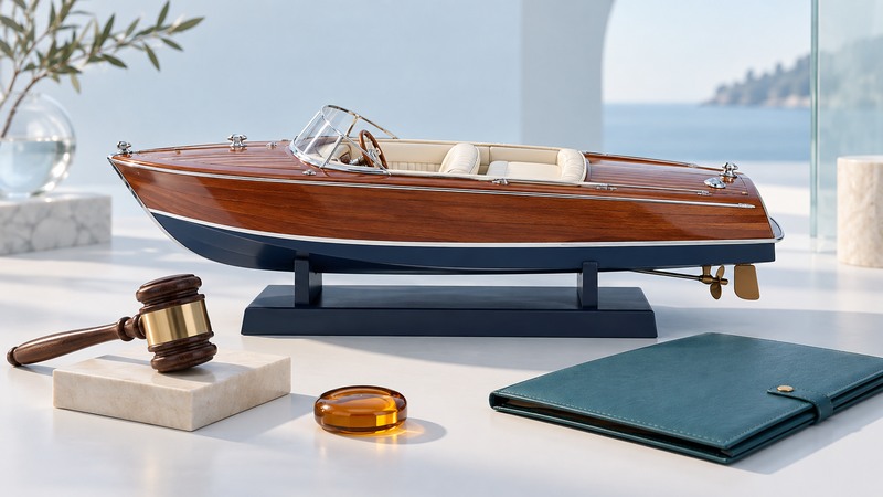 A classic wooden runabout on a navy cradle sits beside an auction gavel, teal condition folder and amber glass disk.