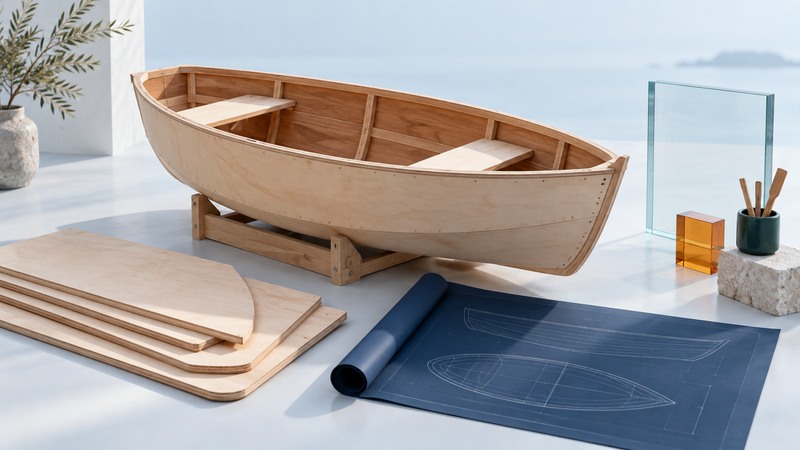 An unfinished plywood dinghy rests on a low cradle beside stacked plywood panels, a rolled plan and teal glass panel.