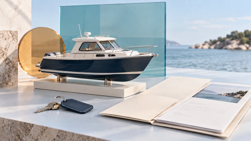 A navy and ivory motorboat model stands beside an open document folder and a key with a navy tag.