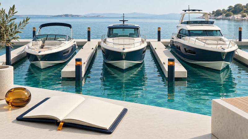 Three different navy and ivory pleasure boats occupy adjacent slips behind an open blank notebook.
