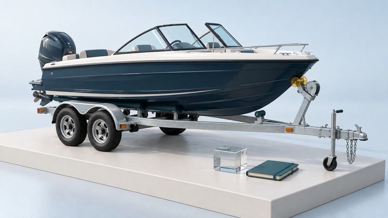 A navy motorboat rests on a silver tandem-axle trailer with a tongue jack, beside a teal notebook and clear glass block.