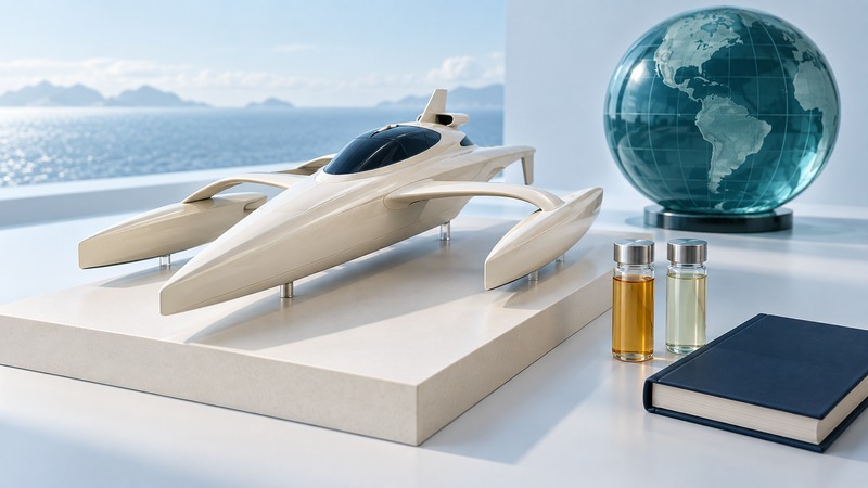 A conceptual ivory trimaran model stands beside two sealed fuel-sample vials, a navy manual and a teal globe.