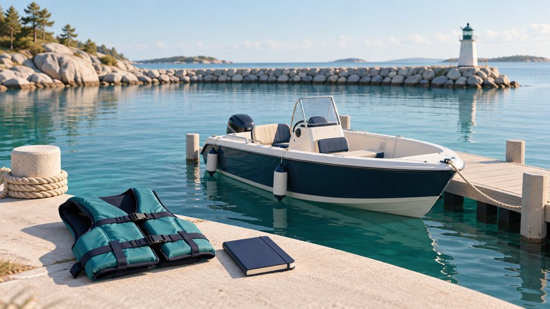 An open navy and ivory boat rests beside a sheltered dock with a teal life jacket and navy notebook in the foreground.