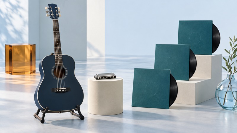Navy acoustic guitar and silver harmonica beside three teal record sleeves on stepped platforms.