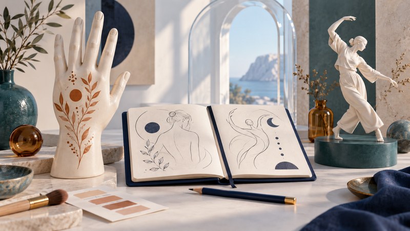 A decorated ceramic hand, an open sketchbook, cosmetic tools, and a small dancing figure in an ivory and teal studio.