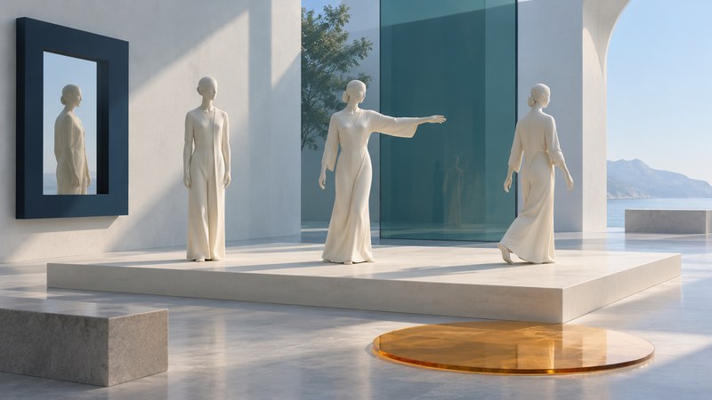 Three ivory figures in different gestures stand in a conceptual gallery with a navy frame, teal glass, and an amber disc.