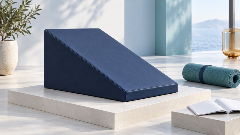 A navy triangular foam wedge sits on an ivory platform beside a rolled teal mat and blank booklet.