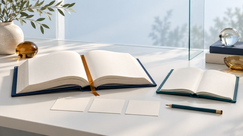 A large open navy book and smaller teal notebook beside three blank cards and a pencil.