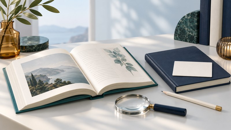 An open illustrated book, a navy notebook, a pencil, and a magnifying glass on an ivory desk.