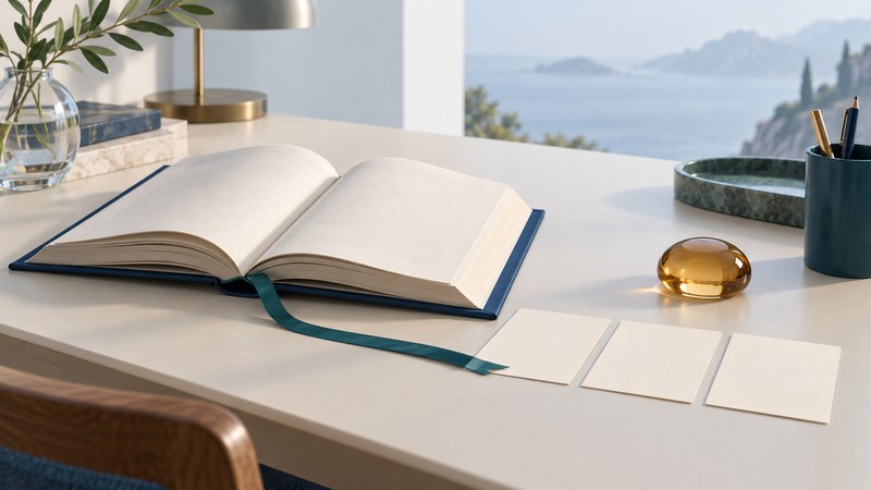An open navy book beside three blank note cards and an amber glass paperweight.