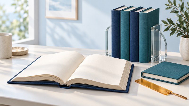 An open blank book, upright navy and teal volumes, and a reading notebook on an ivory table.