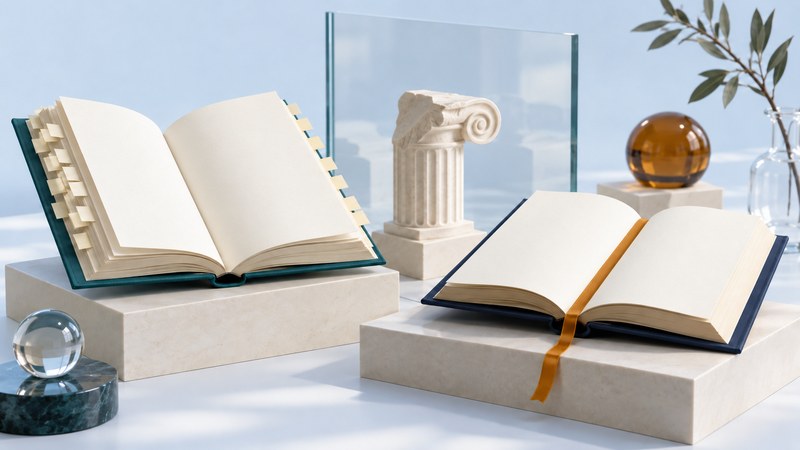 Two open blank books on ivory plinths beside a small classical column and clear glass panel.