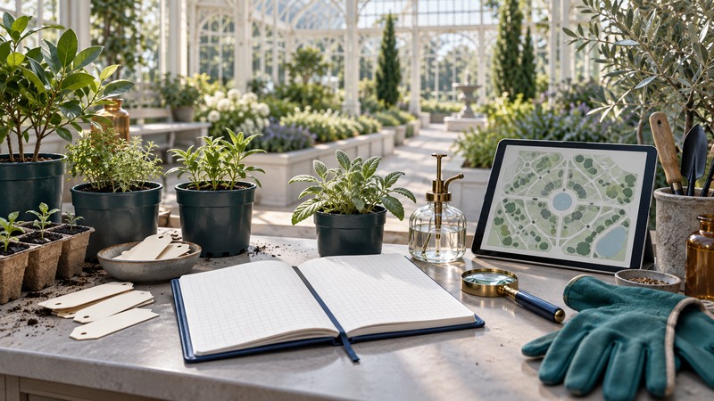 Plant tags, nursery pots, a notebook and a garden map sit on a greenhouse workbench.