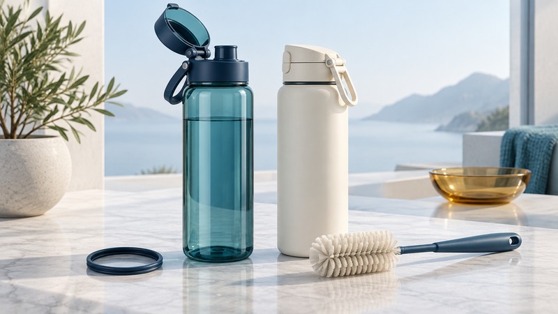 Two generic flip-top water bottles stand beside a seal ring and soft bottle brush.