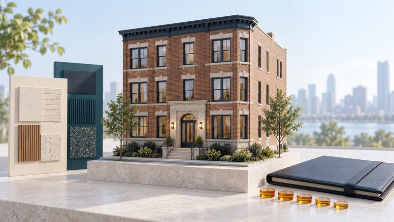 A miniature restored brick apartment building is arranged with material samples, a budget folio and amber tokens.