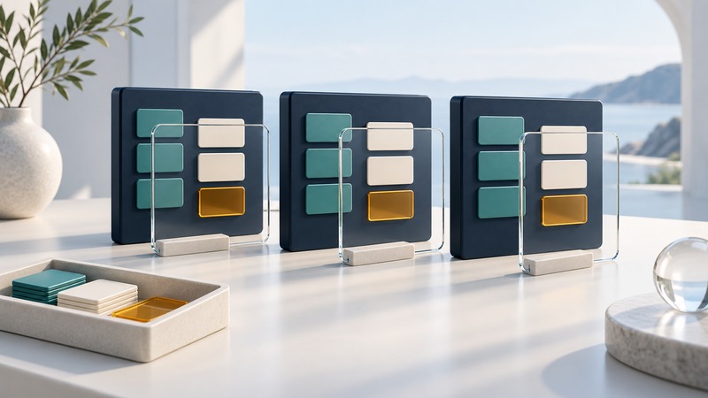 Three navy demonstration panels show matching task arrangements beside a removable data tray.