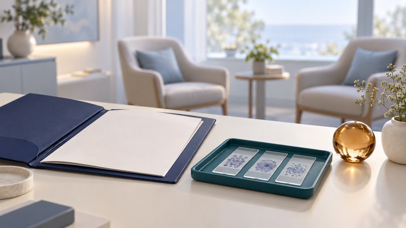 A blank document folder and specimen slides sit on a consultation desk with two chairs beyond.