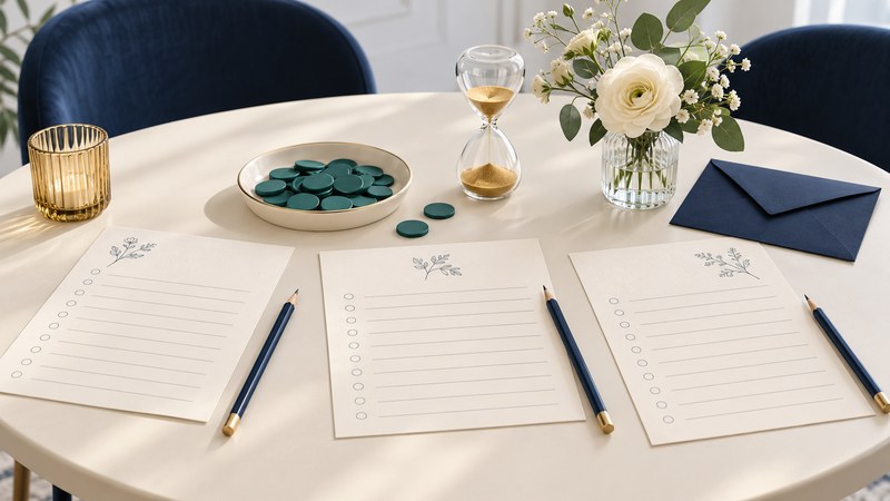 Blank player sheets, pencils, teal counters and a small hourglass on an ivory table.