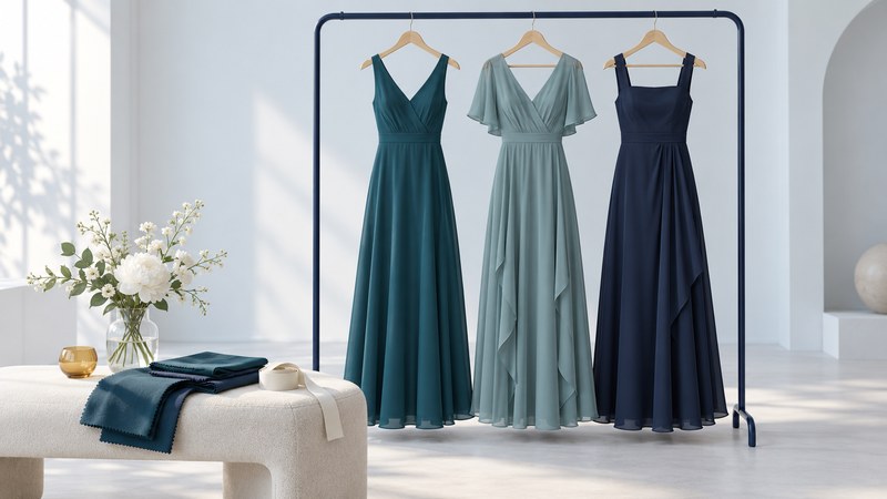 Three long teal, blue-green and navy dresses on a rail with fabric swatches on an ivory bench.