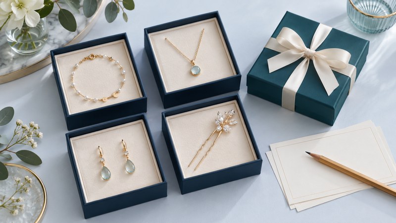 Small open gift boxes holding a bracelet, necklace, earrings and hair pin beside blank preference cards.