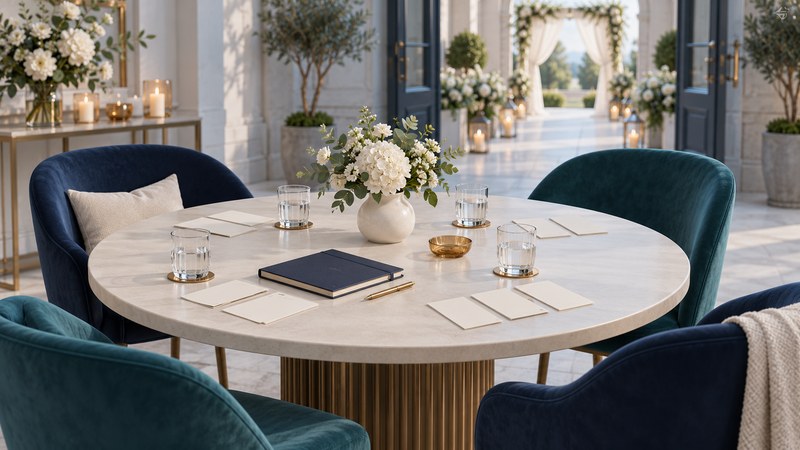Four chairs around an ivory table with blank cards, a notebook, glasses and a small flower arrangement.