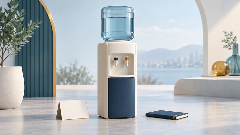 An ivory and navy generic water cooler stands beside a glass and a blank service record.