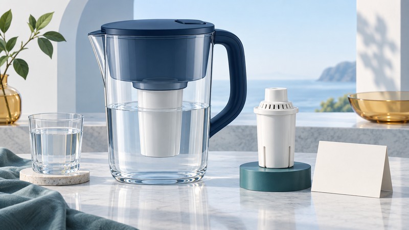 A clear pitcher with a navy lid sits beside a separate ivory cartridge and maintenance card.