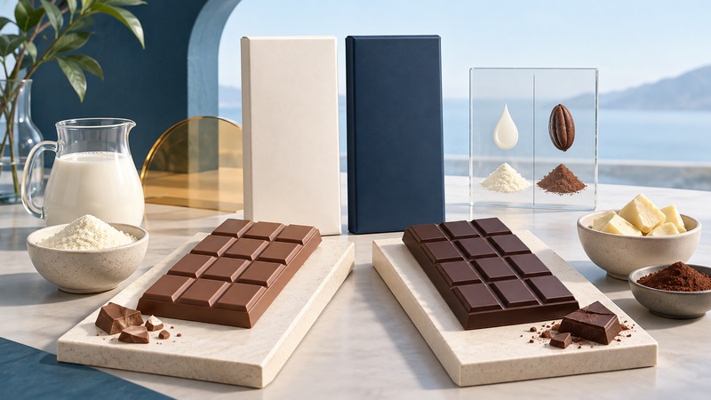 Milk and dark chocolate bars beside milk powder, cocoa butter and two blank package sleeves.