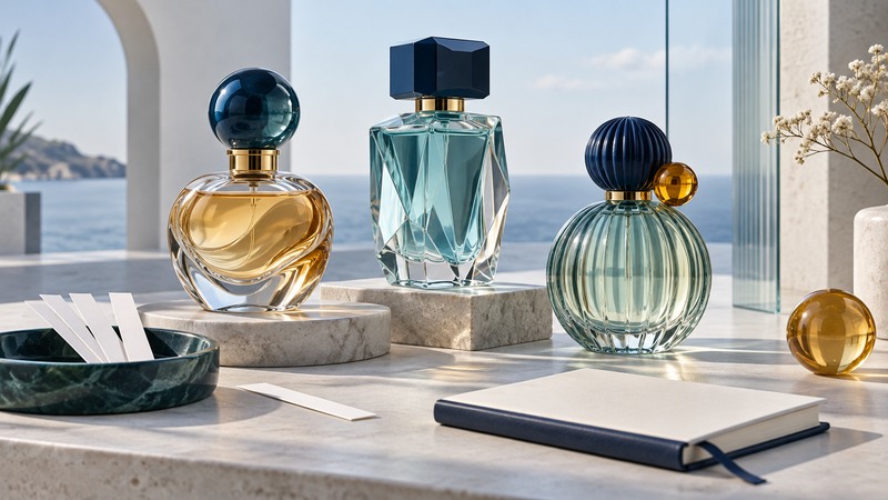 Three distinct unbranded perfume bottles beside scent strips and a small notebook.