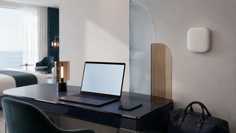 A navy laptop and teal phone on a hotel desk beside glass panels, with an ivory wireless access point on the wall.