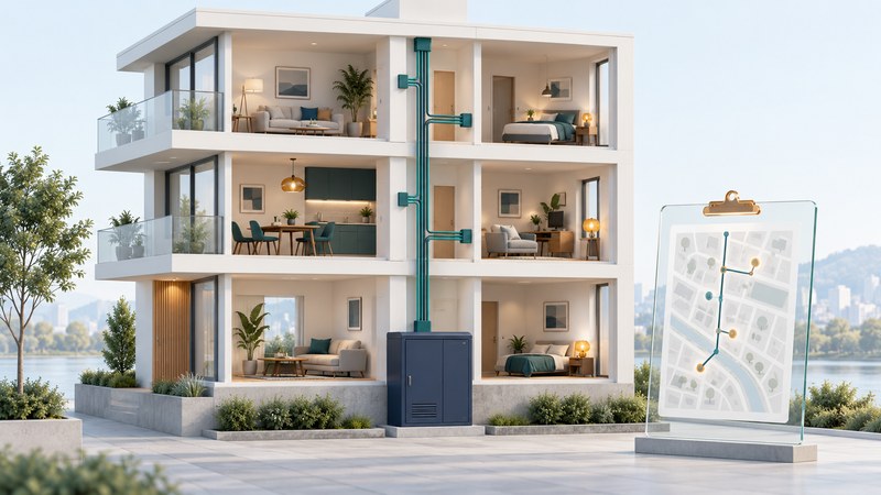 An apartment building cutaway shows a shared utility cabinet and conceptual service paths to several floors.