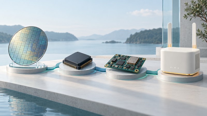 A semiconductor wafer, packaged chip, radio board and gateway sit on four connected platforms.