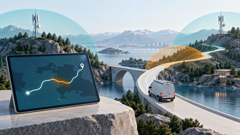 A van follows a winding road between two towers while a tablet shows a conceptual route and an amber interruption area.