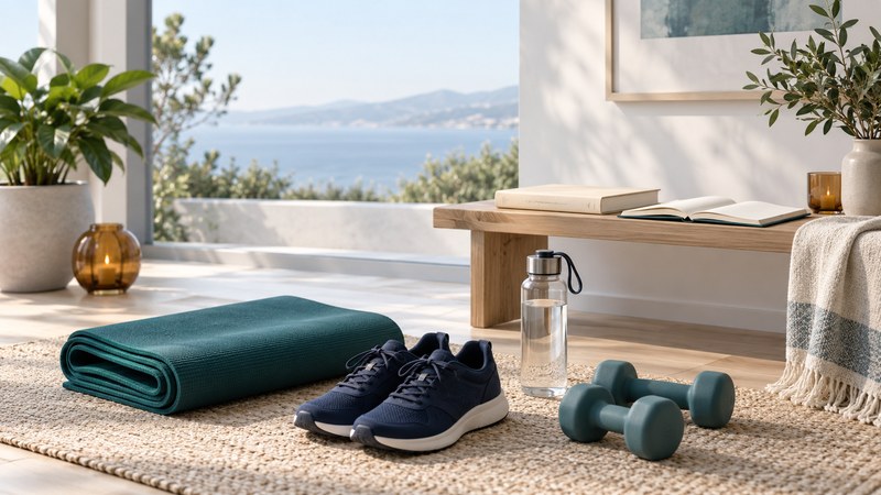 Walking shoes, a folded teal mat, water bottle, light weights and a blank book in a bright room.