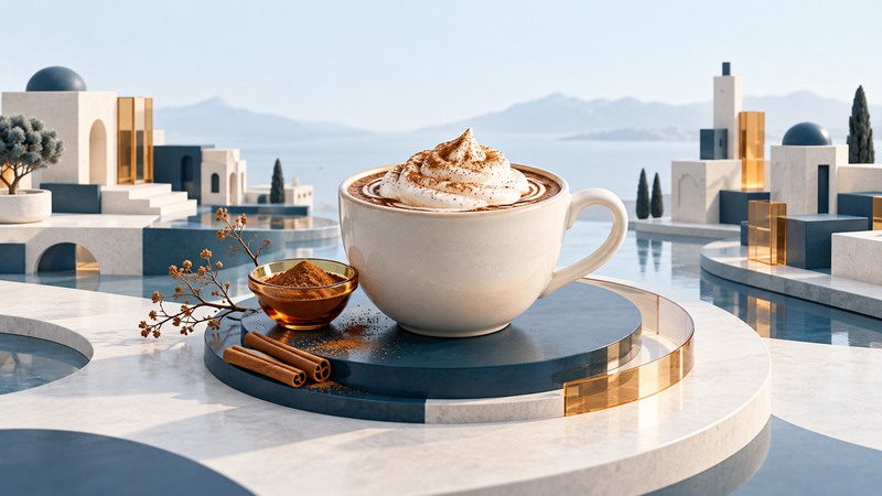 An ivory cup with whipped topping and decorative spices sits in an abstract architectural setting.