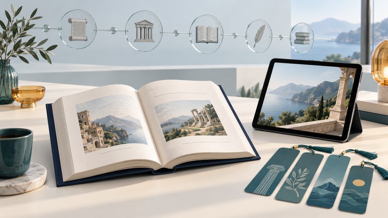 A book and tablet with architectural history imagery on a quiet reading desk.