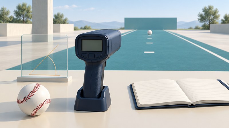 A generic sports radar gun, baseball, blank notebook and glass angle marker on an ivory desk.
