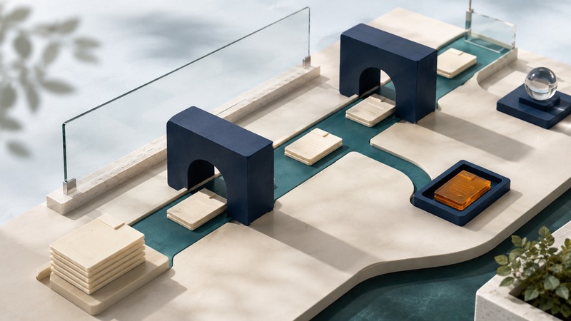 Ivory document tiles follow a teal path through navy checkpoints, with an amber document in a separate review tray.