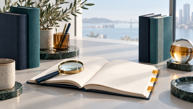 Navy and teal books surround a blank open notebook, magnifying glass, and amber tabs.