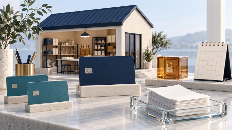 A miniature workshop stands behind a navy business card, two teal employee cards, receipt tray and amber reserve cube.