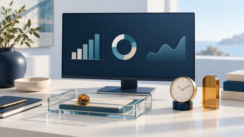 A navy display shows three conceptual chart panels beside a glass data tray, clock and amber threshold marker.