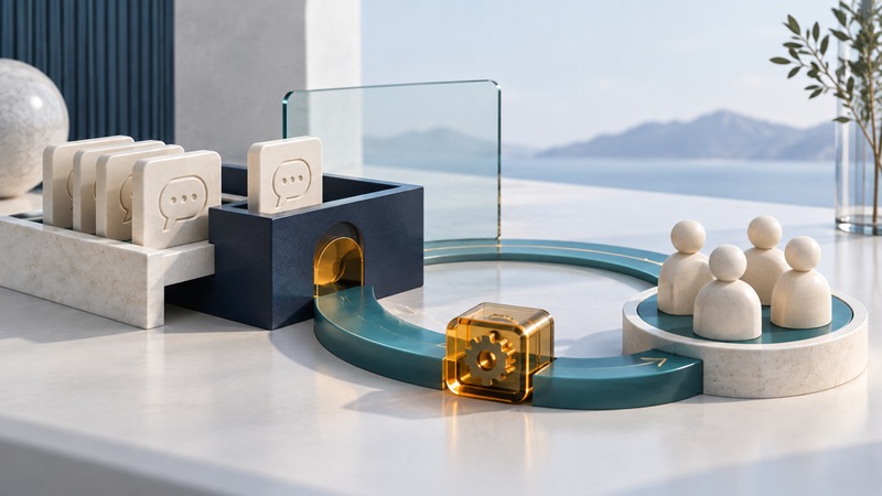 Customer message tiles travel through a listening tray and an amber adjustment along a curved teal path.