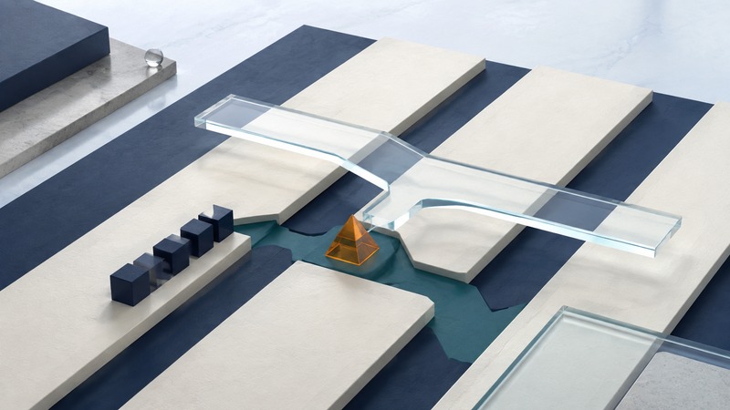 Ivory process lanes with navy work blocks at a teal junction, an amber decision prism, and a clear glass alternative route.